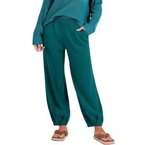 Teal Loungewear Knit Pant Womens S High Rise Elastic Waist Oversized Fit Pleated